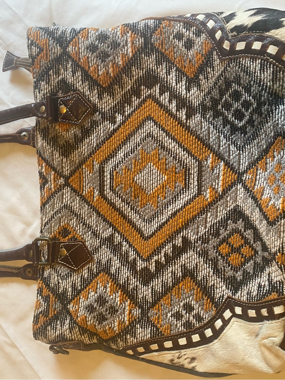 Myra Bag Woven Aztec Shoulder Tote in Mustard, Black & Cream